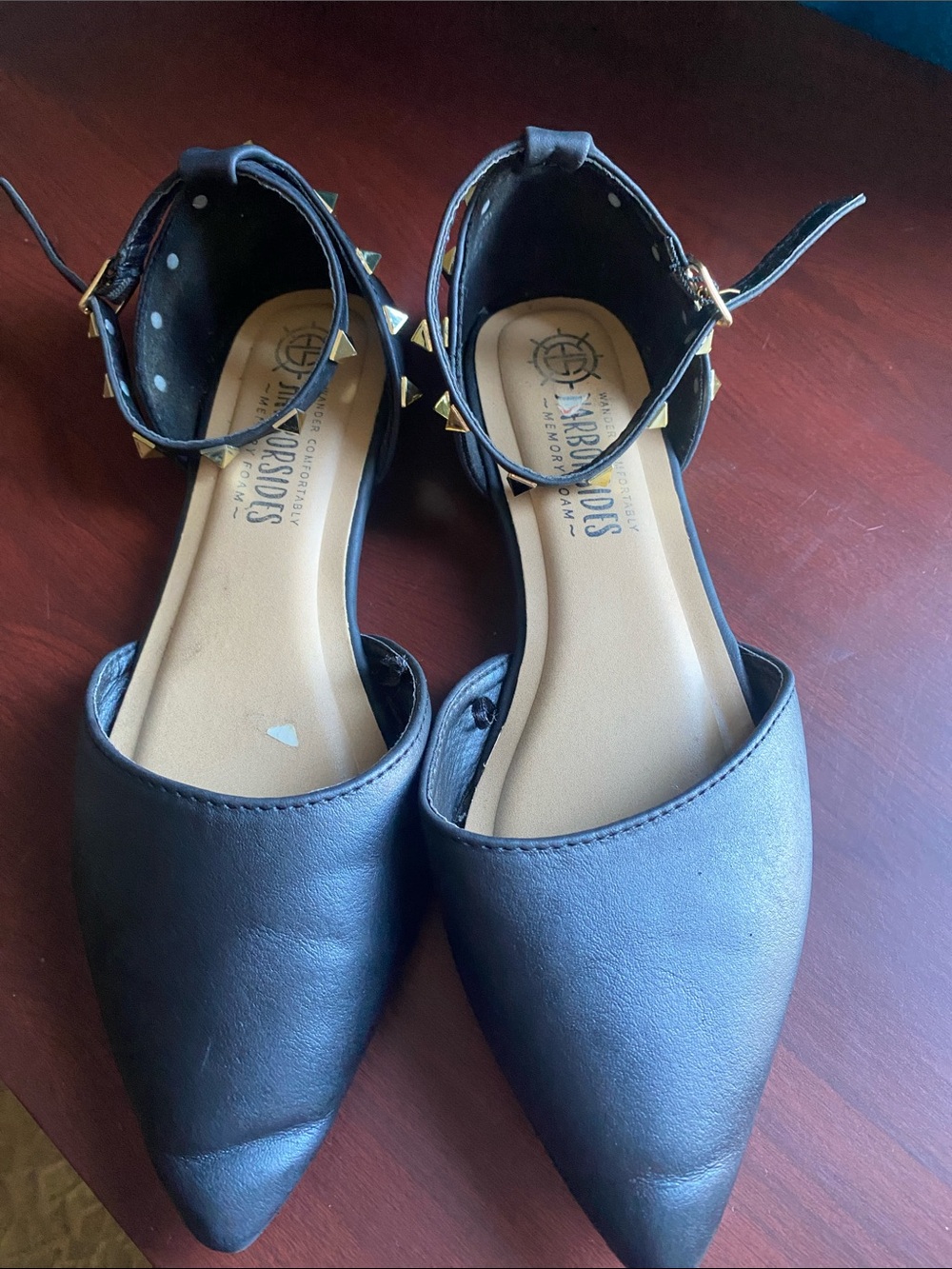 Stud-Trim Pointed Ankle-Strap Flats in Black